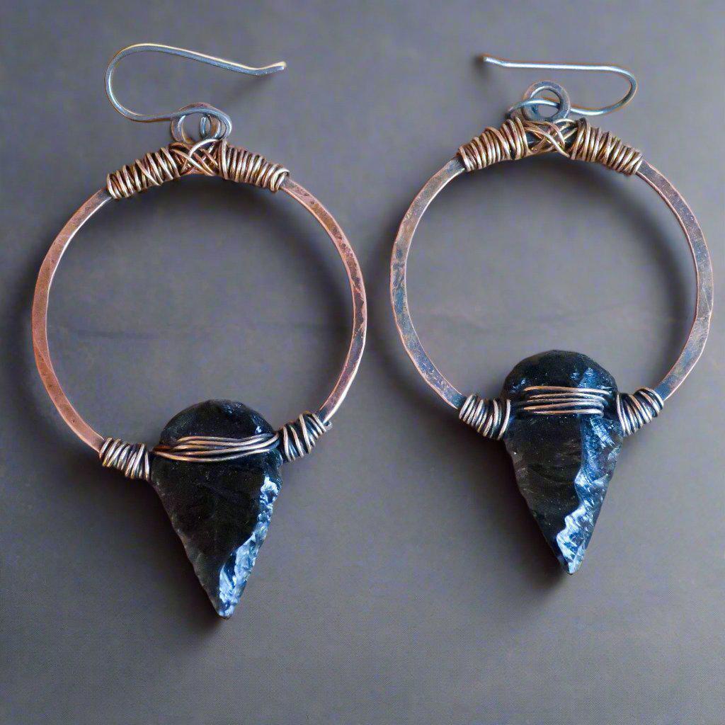 Obsidian Arrowhead Hoop Earrings – Boho | Handmade by Blackbird & Sage