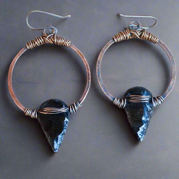 Obsidian Arrowhead Hoop Earrings – Boho | Handmade by Blackbird & Sage