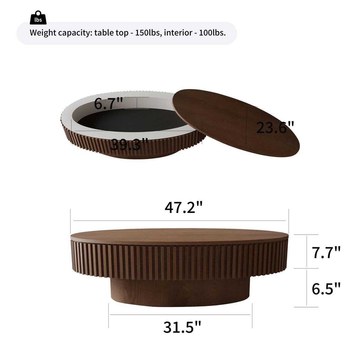 47'' Oval Coffee Table with Storage Solid Wood Veneered Modern Coffee Table Accent Tea Table for Living Room, Bedroom, Apartment or Office, Walnut