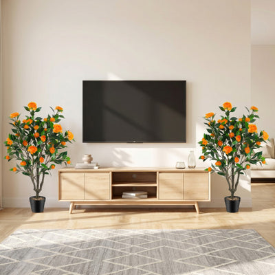 40 Inch Artificial Camellia Tree with 37 Flowers and River Stones in Pot-2 Pack