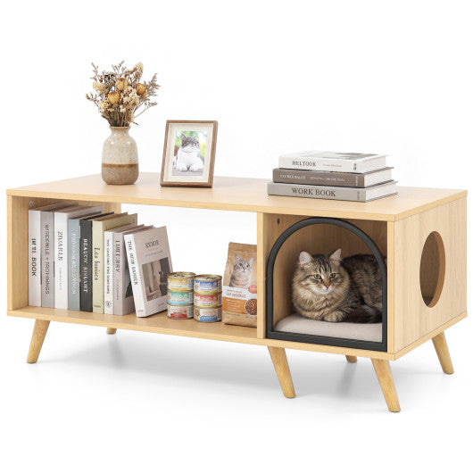 40 Inch Coffee Table Cat House 2-in-1 Wooden Kitten Furniture with Open Storage Shelf-Natural