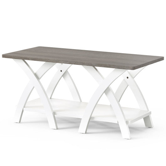 40 Inch Farmhouse Wooden Coffee Table with Storage Shelf with X-shaped Legs-Gray