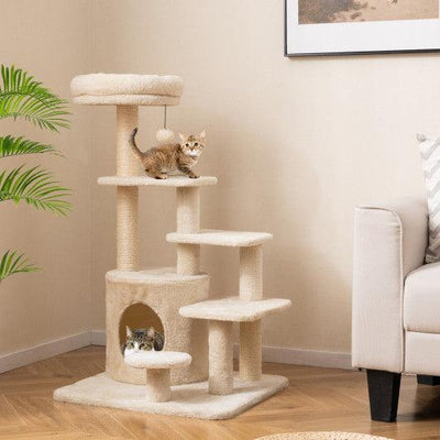 40 Inch Multi-level Cat Tower with Condo and Dangling Jingle Ball-Beige