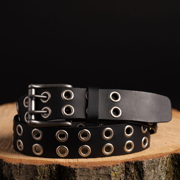 The Brixton Belt - Black Double Grommet 100 % Full Grain Leather Belt