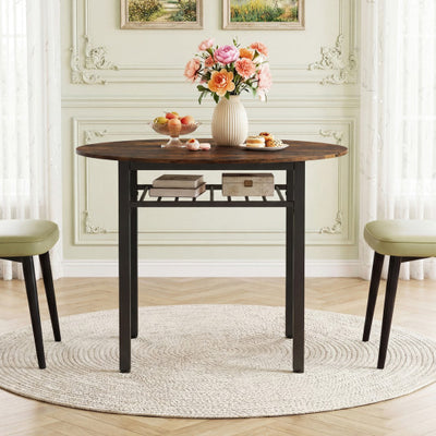 40” Round Kitchen Table with Storage Shelf and Metal Frame for 4 People-Rustic Brown
