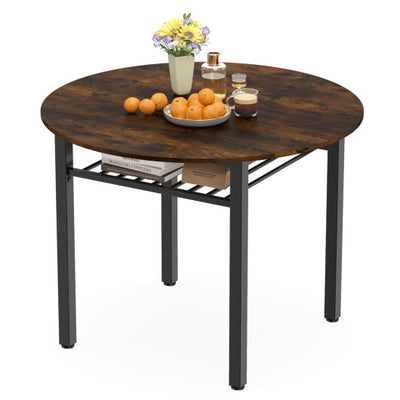 40” Round Kitchen Table with Storage Shelf and Metal Frame for 4 People-Rustic Brown