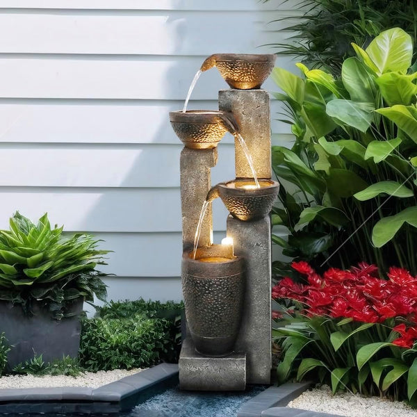Resin Stacked Clay Pot Outdoor Water Fountain 40 Inch