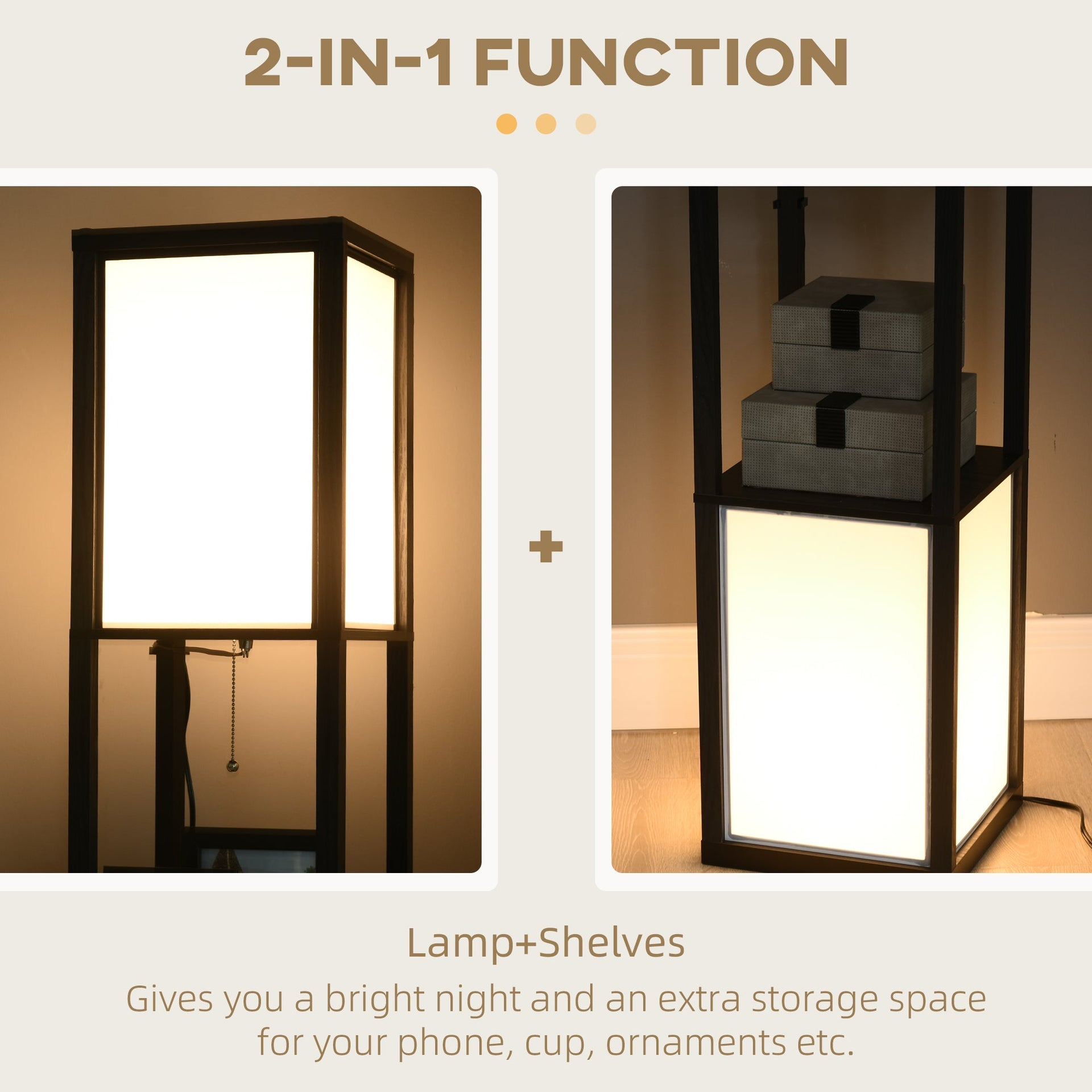 Boho Shelf Floor Lamp with Dual Fabric Shades & Built-In Storage Shelves