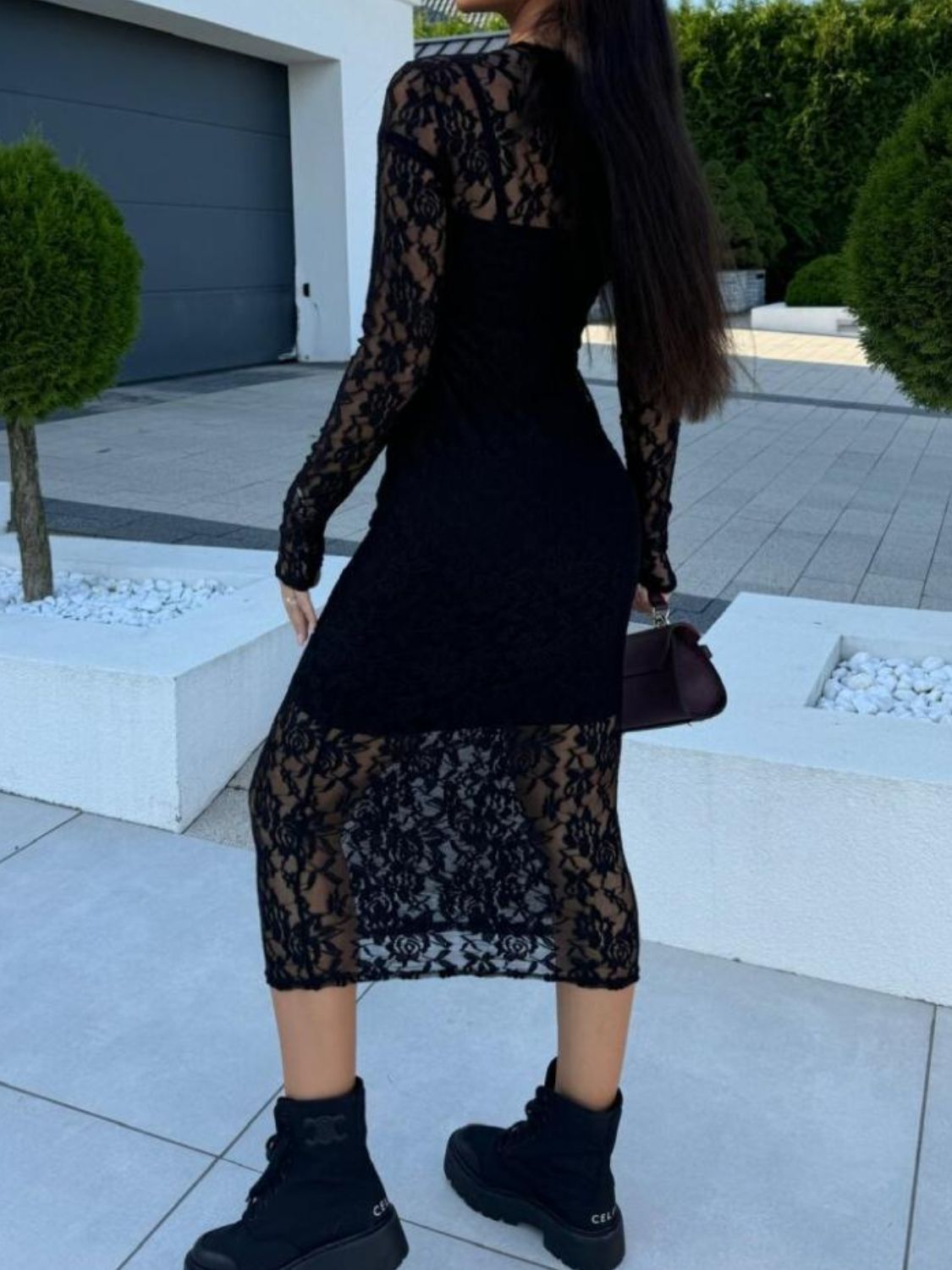 Black Lace Round Neck Long Sleeve Midi Dress Timeless & Elegant Design Women Dress