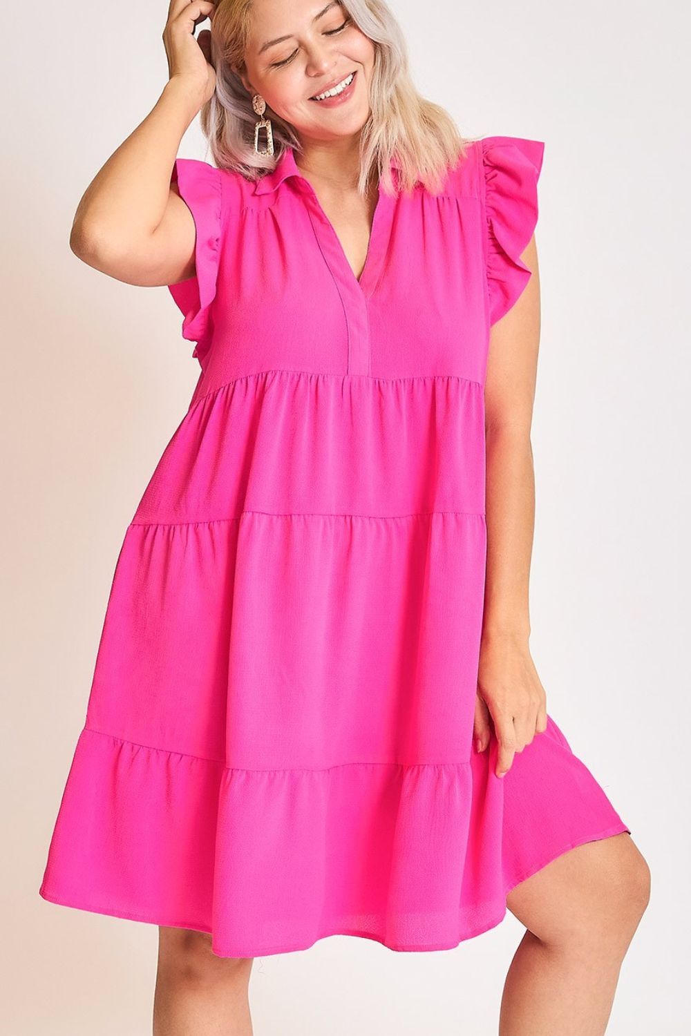 Pink Full Size Ruffle Cap Sleeve Dress Plus Size Elegant & Timeless Classic Design Dress