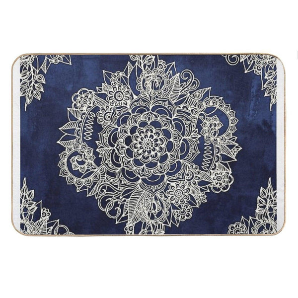 Cream Floral Moroccan Pattern on Deep Indigo Ink Bath Mat