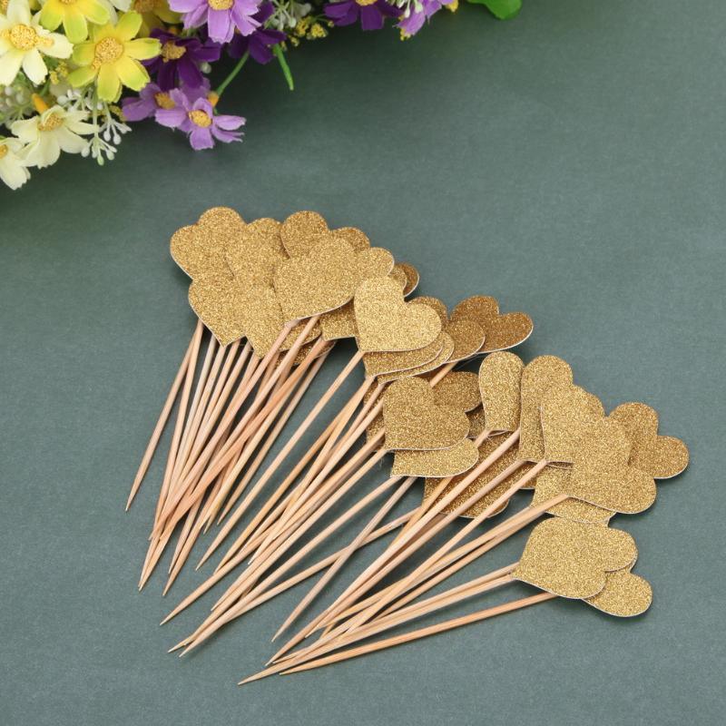 40pcs/set Bling Heart Shape Insert Cards With Toothpick For Wedding Birthday Party Cute Lovely Gifts Cake Decorations Cocktail Picks Handmade Heart Shape Bamboo Toothpicks