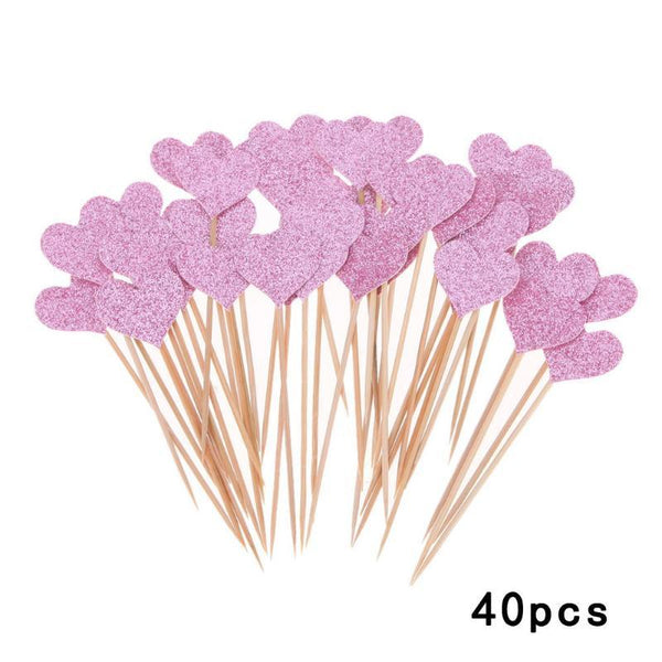40pcs/set Bling Heart Shape Insert Cards With Toothpick For Wedding Birthday Party Cute Lovely Gifts Cake Decorations Cocktail Picks Handmade Heart Shape Bamboo Toothpicks