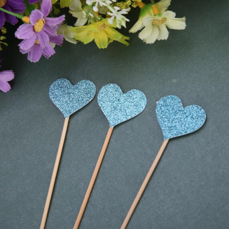 40pcs/set Bling Heart Shape Insert Cards With Toothpick For Wedding Birthday Party Cute Lovely Gifts Cake Decorations Cocktail Picks Handmade Heart Shape Bamboo Toothpicks