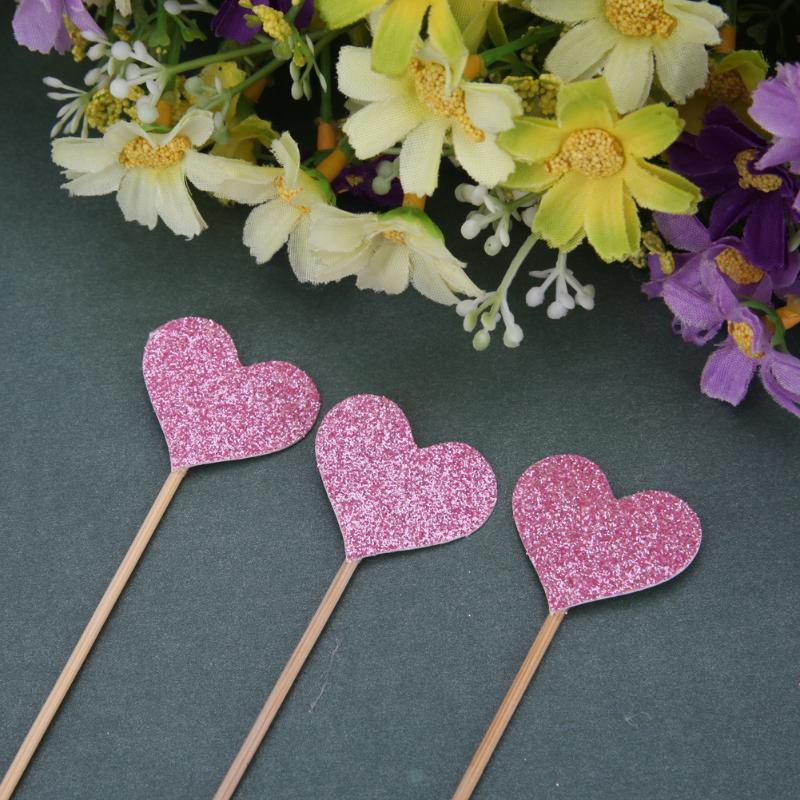 40pcs/set Bling Heart Shape Insert Cards With Toothpick For Wedding Birthday Party Cute Lovely Gifts Cake Decorations Cocktail Picks Handmade Heart Shape Bamboo Toothpicks