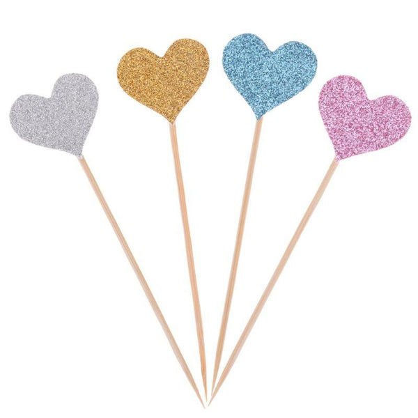 40pcs/set Bling Heart Shape Insert Cards With Toothpick For Wedding Birthday Party Cute Lovely Gifts Cake Decorations Cocktail Picks Handmade Heart Shape Bamboo Toothpicks