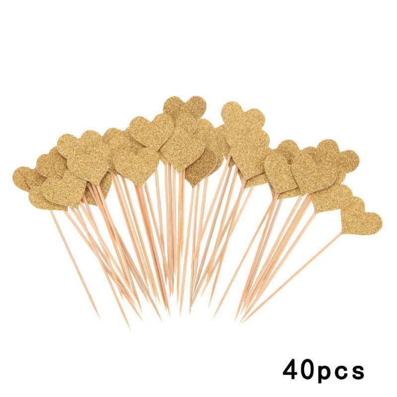 40pcs/set Bling Heart Shape Insert Cards With Toothpick For Wedding Birthday Party Cute Lovely Gifts Cake Decorations Cocktail Picks Handmade Heart Shape Bamboo Toothpicks