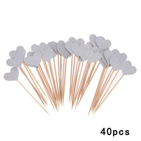 40pcs/set Bling Heart Shape Insert Cards With Toothpick For Wedding Birthday Party Cute Lovely Gifts Cake Decorations Cocktail Picks Handmade Heart Shape Bamboo Toothpicks
