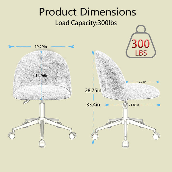 Velvet fabric office chair, mid back adjustable rotating computer chair, black legs, cushioned office chair with wheels ，White