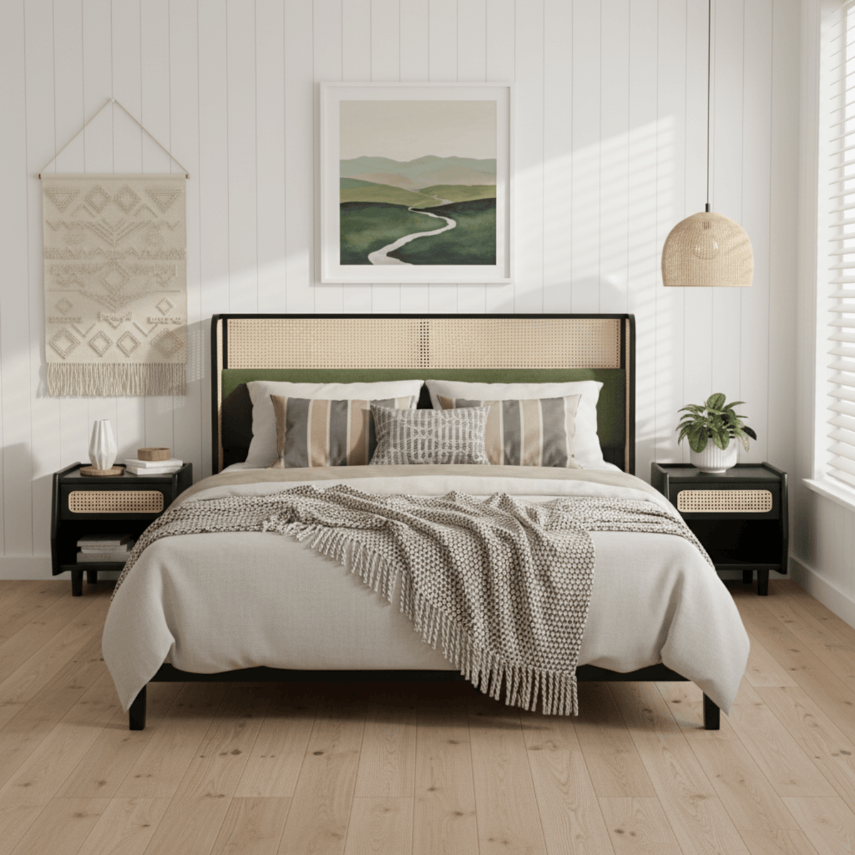 Queen Size Bed Frame with Green Upholstered Headboard