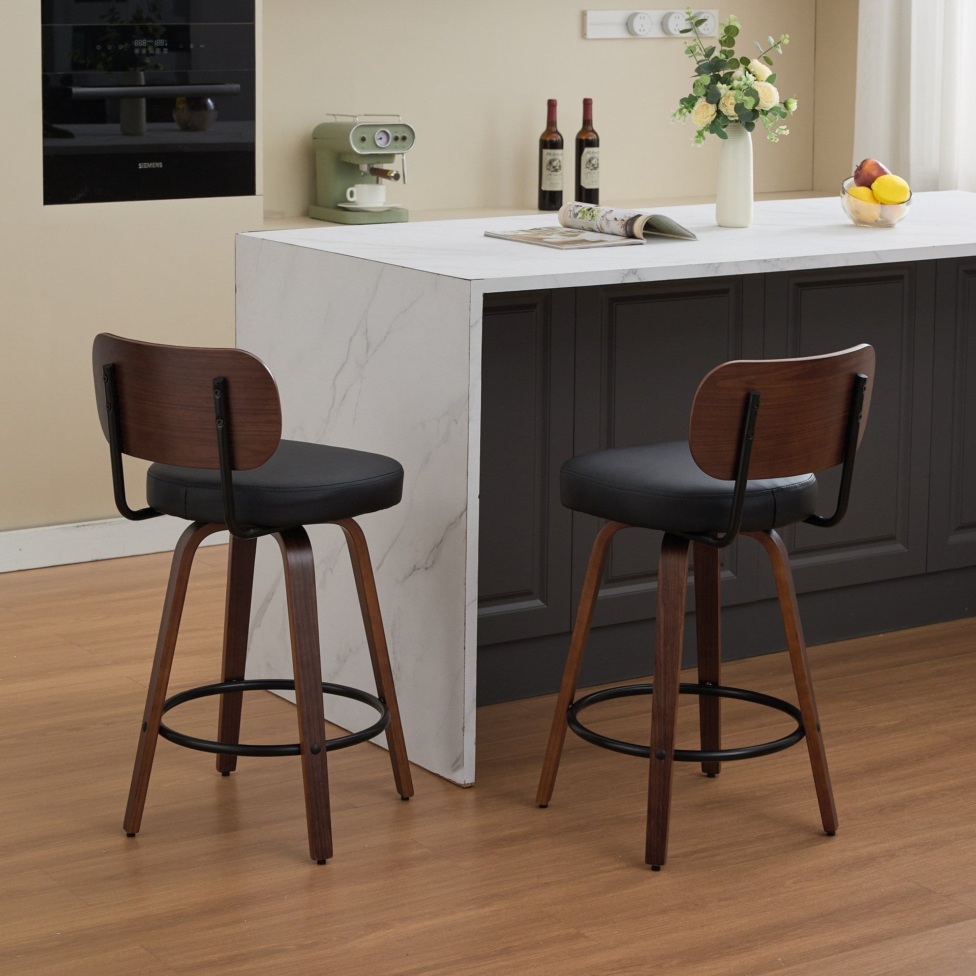 Black PU Leather and Walnut Bentwood Swivel Bar Stool Set