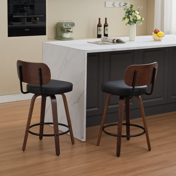 Black PU Leather and Walnut Bentwood Swivel Bar Stool Set