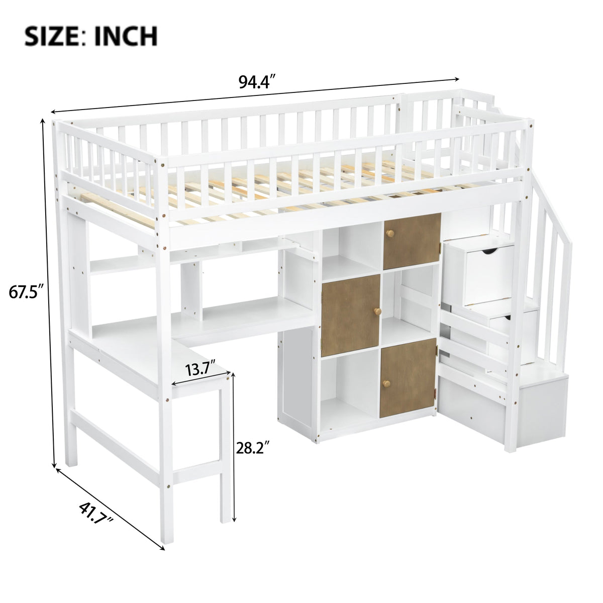 Wood Twin Size Loft Bed with Built-in Desk, LED, Storage Shelves, Cabinets and Staircase