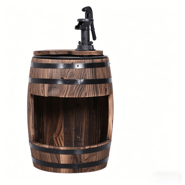 Wood and Iron Barrel Pump Fountain Planter 23 Inch