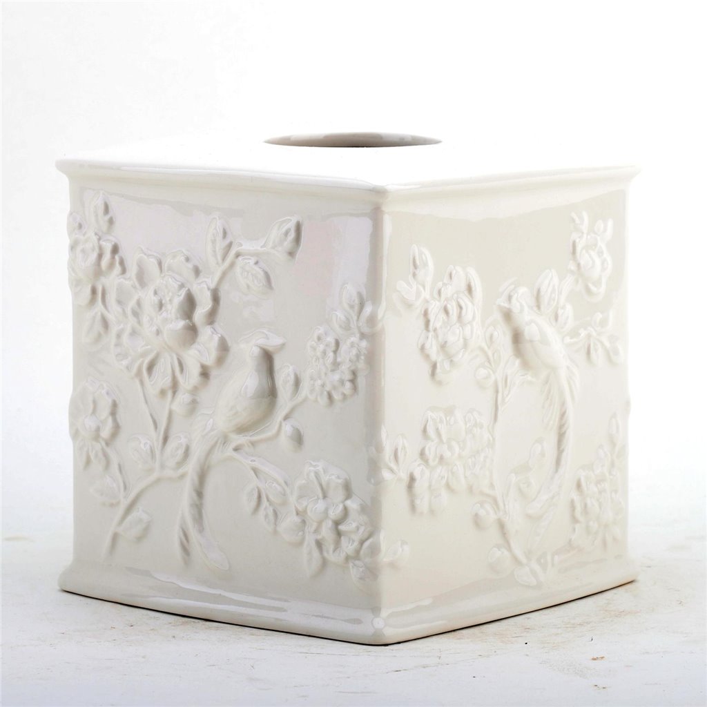 Staffordshire Tang Embossed Bird Tissue Box - White