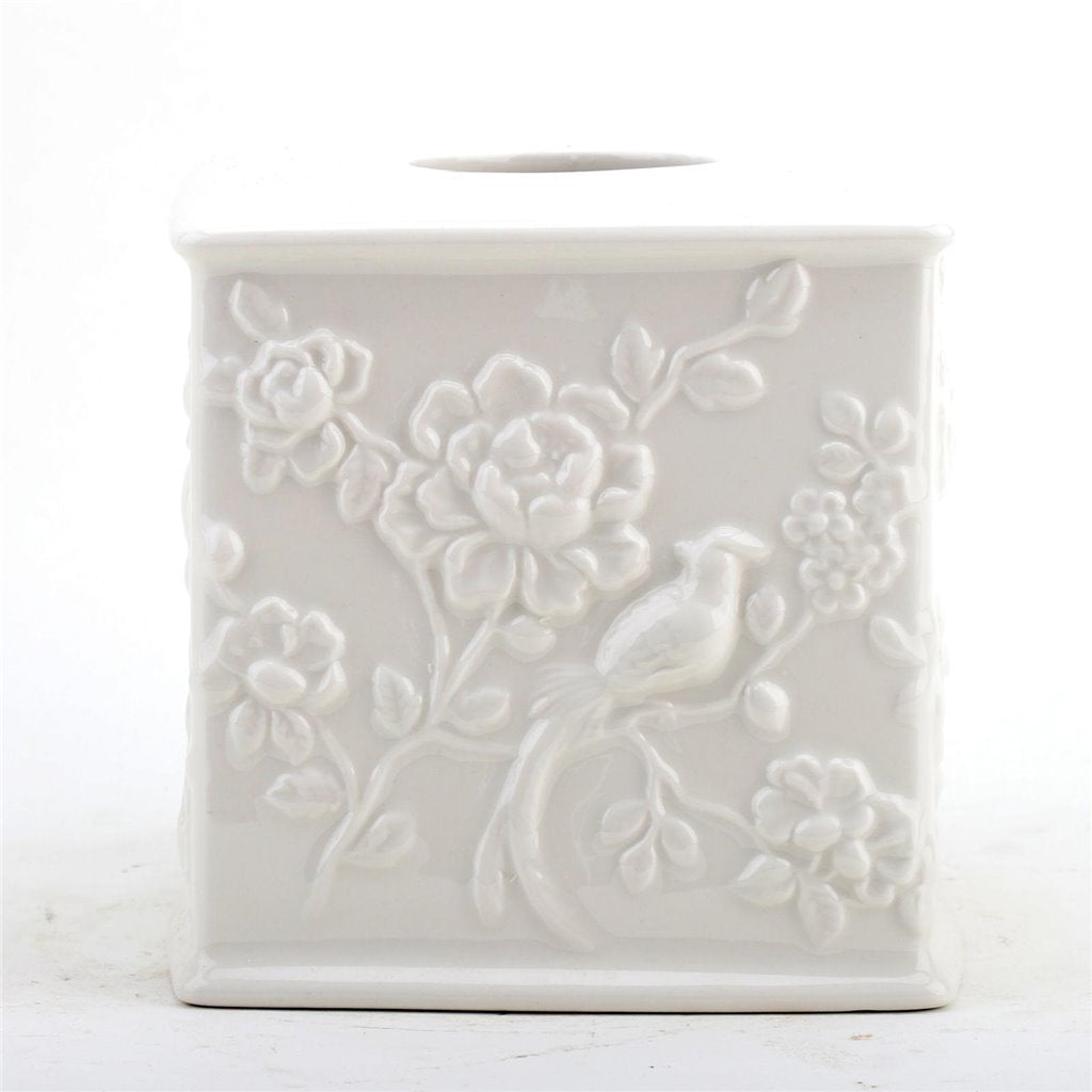 Staffordshire Tang Embossed Bird Tissue Box - White