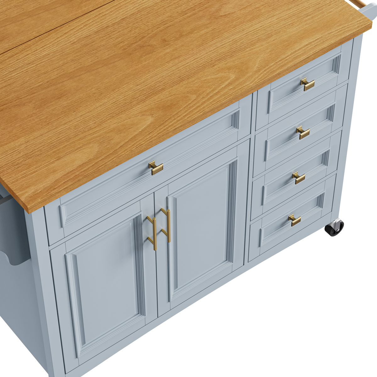 K&K 52'' Kitchen Island with Drop Leaf, Embossed Texture Kitchen Island on Wheels with Spice Rack, Towel Rack, 2 Doors and 5 Drawers, Kitchen Storage Cart with Adjustable Shelf for Kitchen, Blue Grey