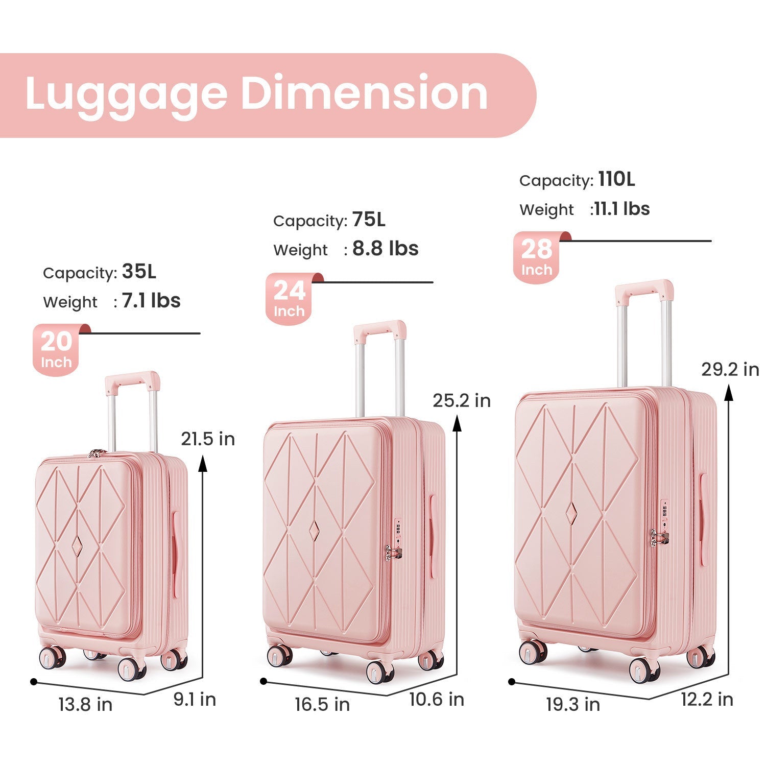 Luggage Sets 3 Piece(20/24/28), Expandable Carry On Luggage with TSA Lock Airline Approved, 100% PC Hard Shell and Lightweight Suitcase with Front Pocket and Spinner Wheels
