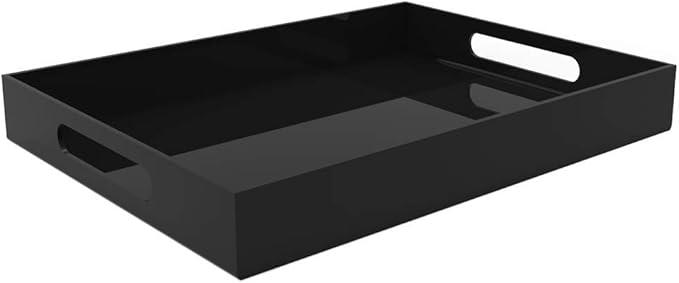 Black Acrylic Serving Tray for Vanity, Bathroom, Outdoor, Food and Décor with Handles (Rectangle, Small)