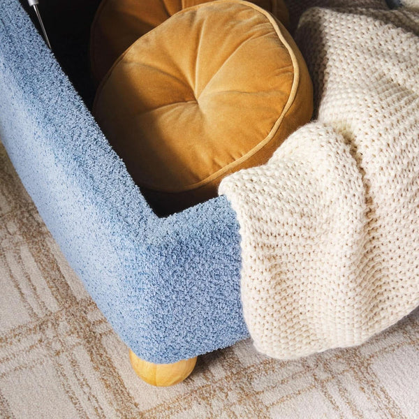 Oversized Large Soft Blue Boucle Fabric Storage Ottoman