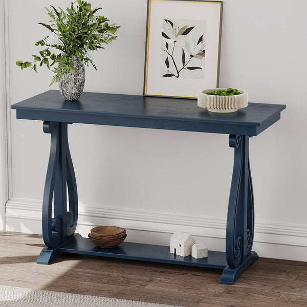 48-Inch Rustic Vintage Console Table --- Farmhouse Style Entryway Table with Open Shelf and Sturdy Construction (Navy)