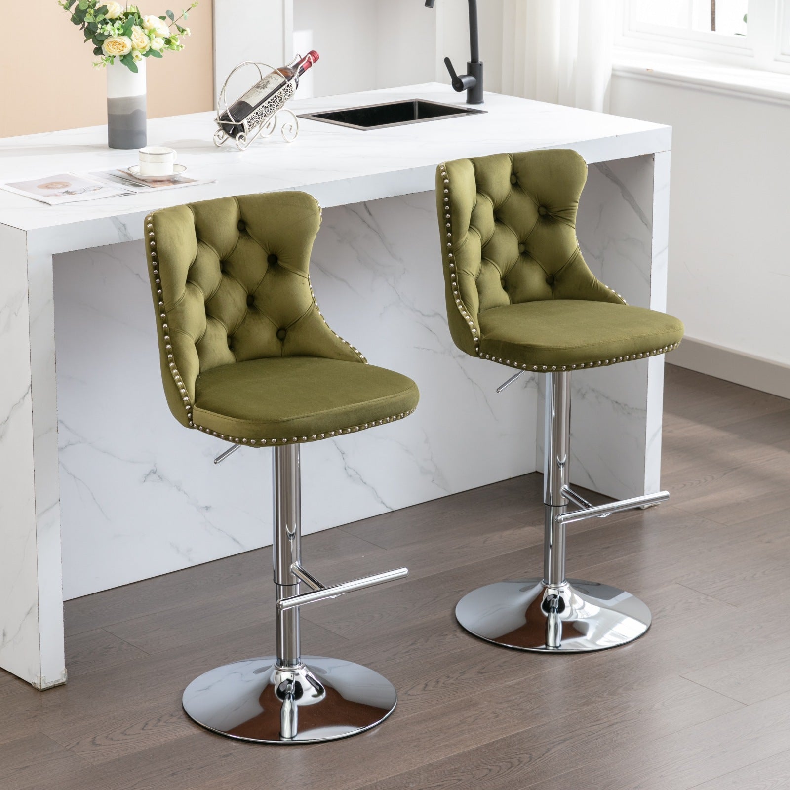Modern Velvet Swivel Barstools with Adjustable Seat Height and Chrome Base