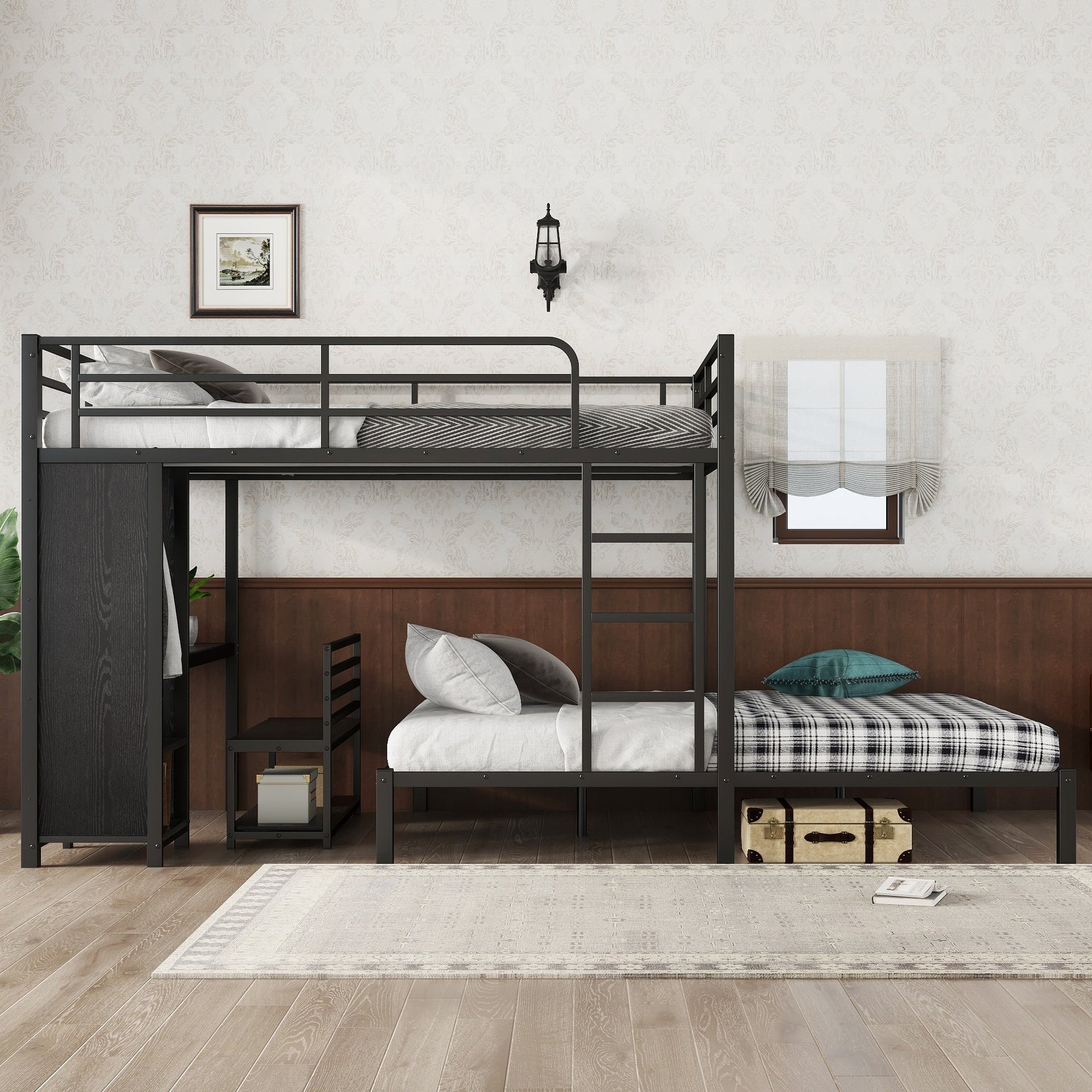 Queen Over Queen Size Bunk Bed Frame with Built-in Wardrobe
