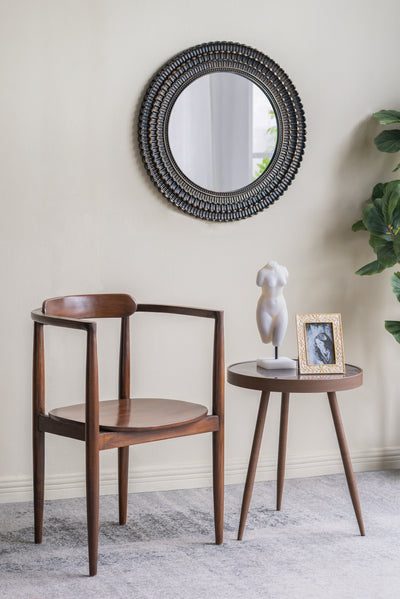 D29.5' Round Black And Gold Wooden Accent Mirror With Woven Texture
