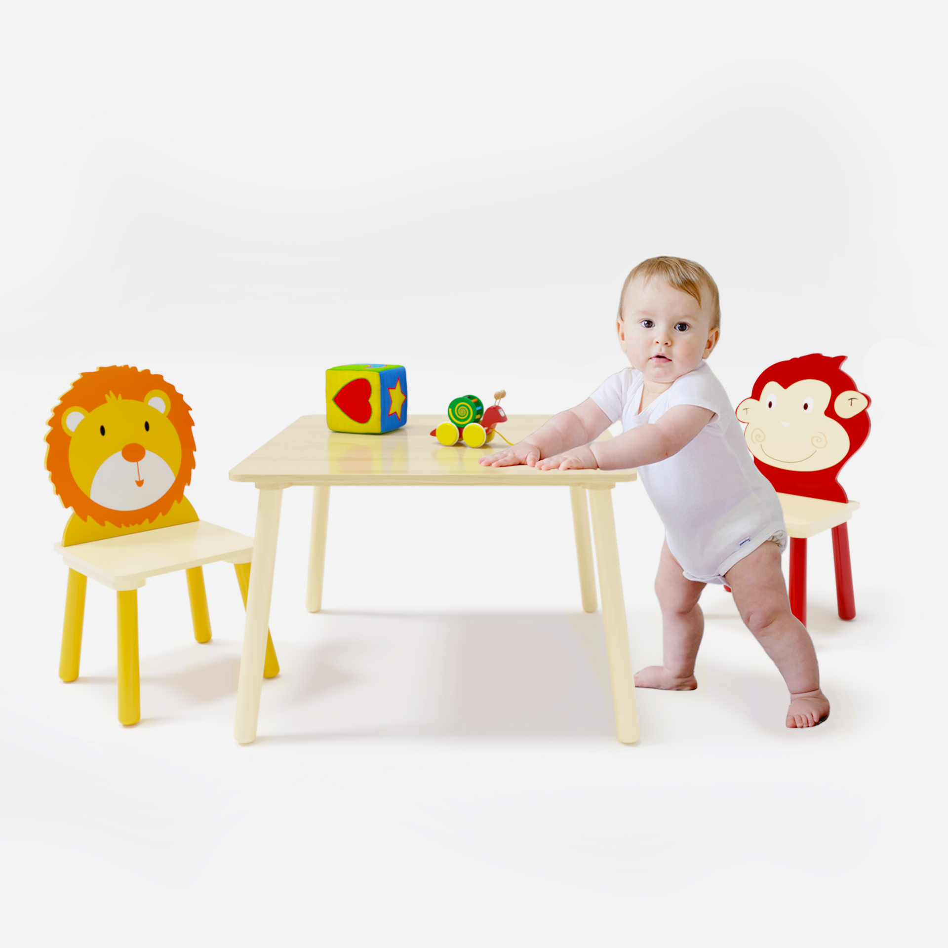 Kids Table and 2 Chairs Set 3 Pieces Toddler Table and Chair Set Wooden Activity Play Table Set (Lion&Monkey)