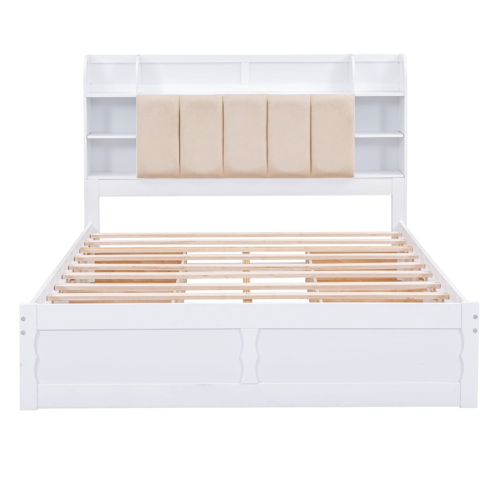 Wood Queen Size Platform Bed with Storage Headboard  Shelves and 4 Drawers  White