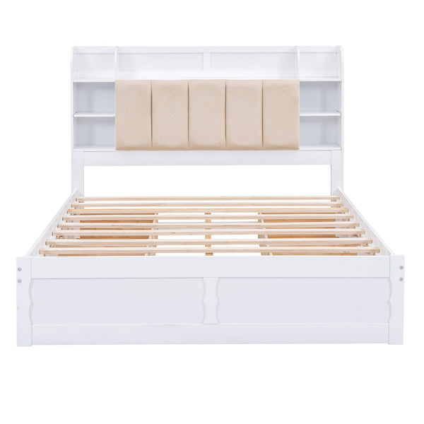 Wood Queen Size Platform Bed with Storage Headboard  Shelves and 4 Drawers  White