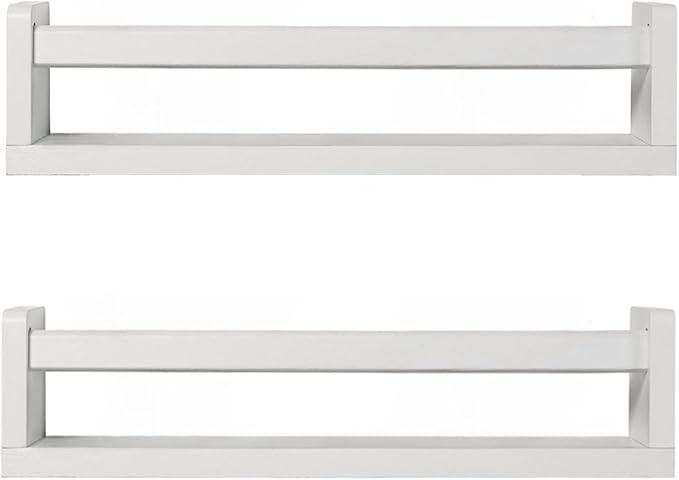 Nursery Book Shelves | Set of 2 Wood Floating Shelves for Kids Room, Kitchen Spice Rack, or Rustic Wall Mounted | Farmhouse Bathroom Décor (White)