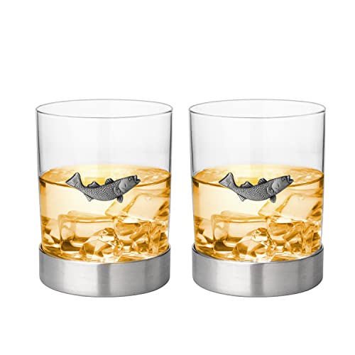 Fish Whiskey, Wine & Water Glasses Set of 2, Double Tumbler Trout Fishing Set - Fisherman Gifts, Old Fashioned Whiskey, Rum, Brandy, Scotch Glasses, Fathers Day 11 OZ, Gifts for Men, Dad