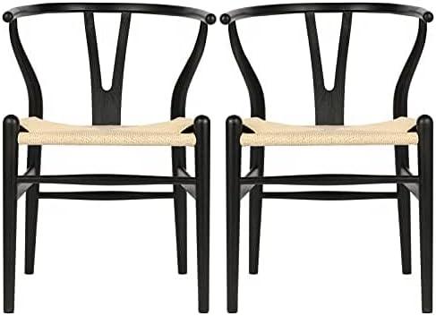 Wishbone Chair Natural Solid Wood Dining Chair/Hans Wegner Y Chair Rattan and Wood Accent Armrest Chairs Set of 2 (Ash Wood - Black + Natural Cord)