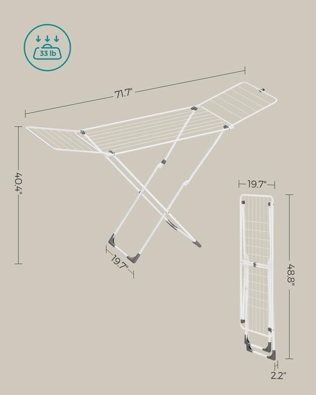 SONGMICS Clothes Drying Rack, Metal Laundry Drying Rack, Foldable, Space-Saving, Free-Standing Airer, with 2 Gullwings, Indoor Outdoor Use, Bed Linen Clothing, White ULLR540W01