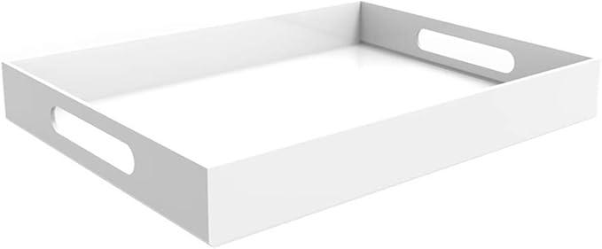 White Acrylic Serving Tray for Vanity, Bathroom, Outdoor, Food and Décor with Handles (Rectangle, Small)