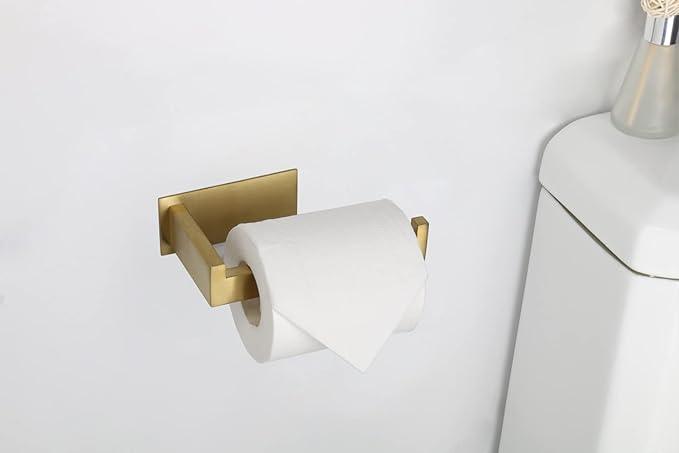 Toilet Paper Holder, Self Adhesive Tissue Holder Stainless Steel Rustproof Paper Roll Holder, No Drilling Easy to Install, Toilet Paper Rack Suitable for Office, Bathroom (Brushed Gold)