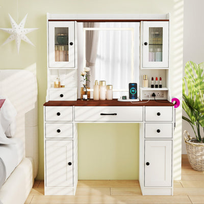 41.5 Inch Makeup Dressing Table with Power Outlets and 3 Color Lighting Modes-White+