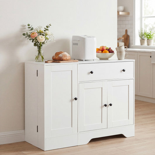 41.5” Modern Coffee Bar Cabinet with 3 Doors and Rolling Wheel-White
