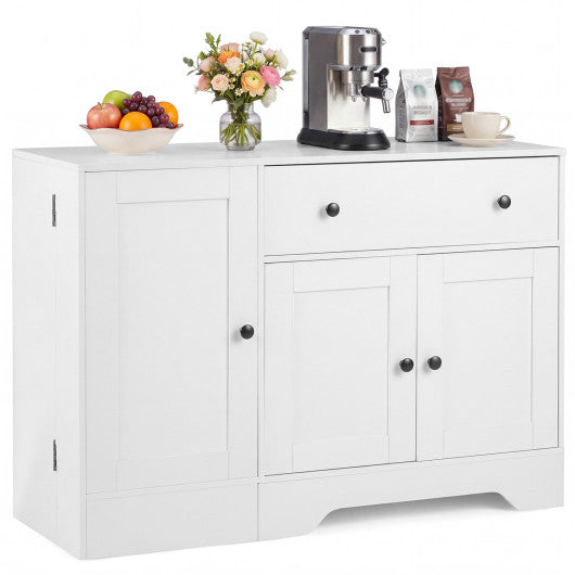 41.5” Modern Coffee Bar Cabinet with 3 Doors and Rolling Wheel-White